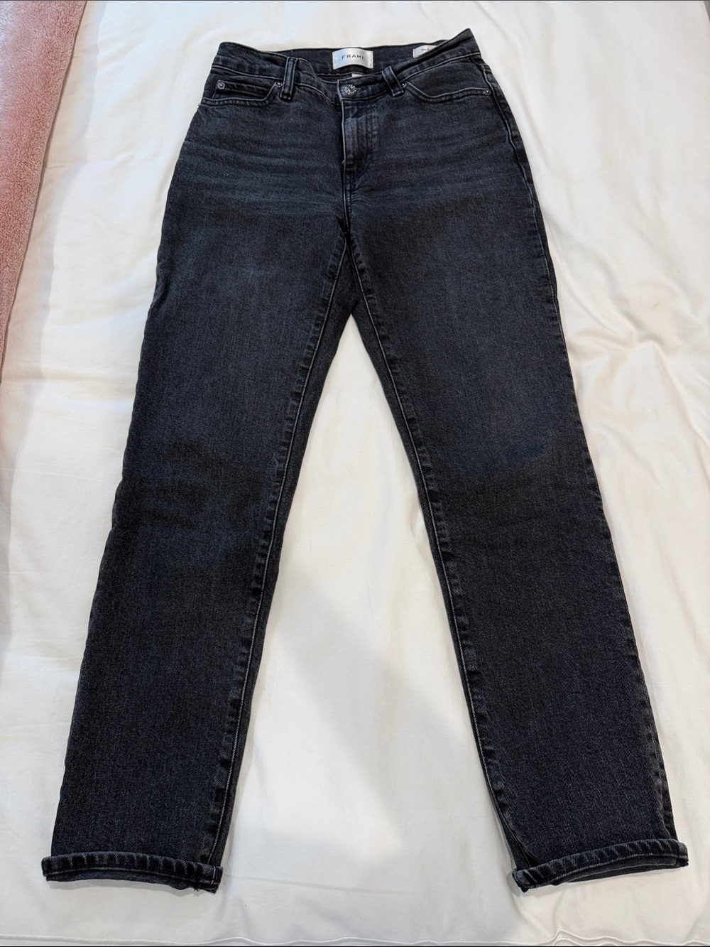 Frame “The Borrowed” straight leg jeans in off black stretch denim